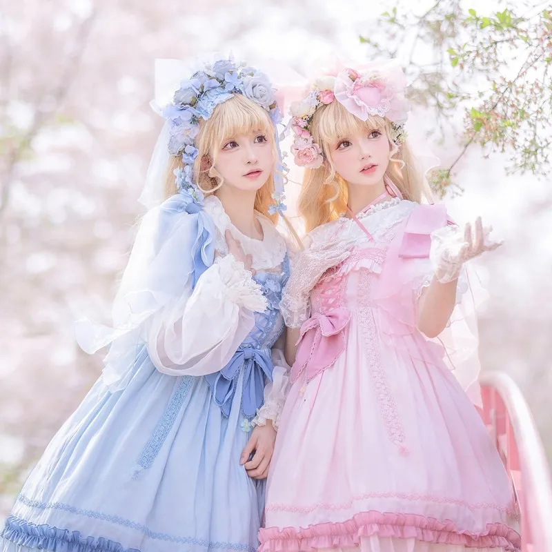 

Pink Blue Fashion Lolita Jsk Strawberry Fantasy Kawaii Design Spring Summer Lovely Sweet Girl Lolitas Straps Dresses With Bow