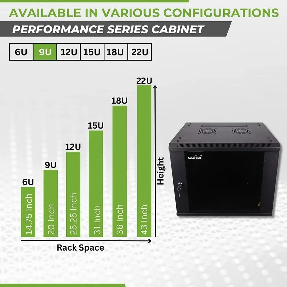 NEW-9U Server Cabinet Wall Mount Rack Enclosure Includes 2 Fans, Locking Glass Door, Removable Side Panels – 9U Network Cabinet
