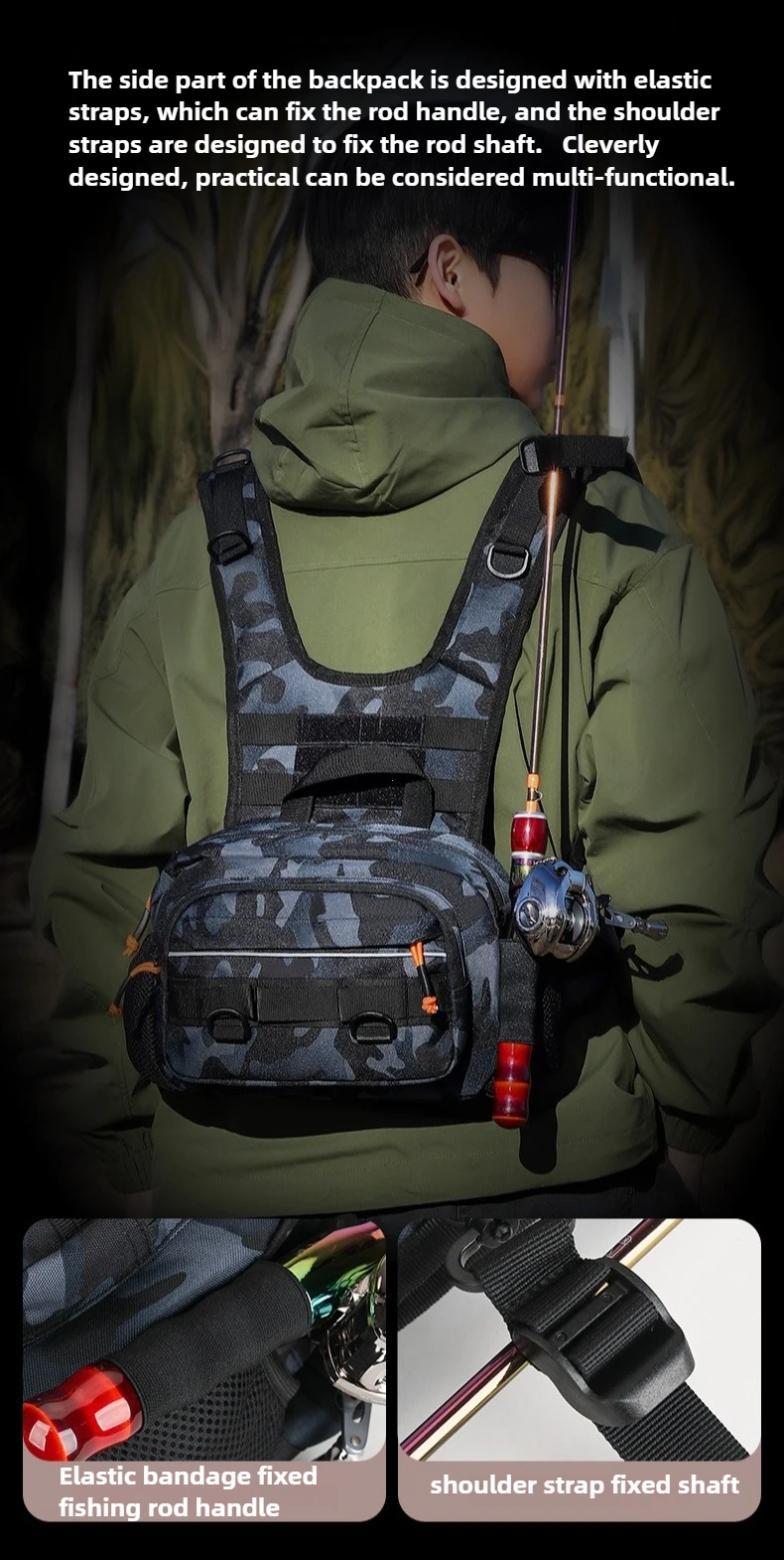Description Picture 6 of itemMen Tactical Fishing Backpack with Rod Holders Lure Chest Bag Gear Storage Bag Molle Outdoor Hiking Fanny Pack Hunting Rig Pouch