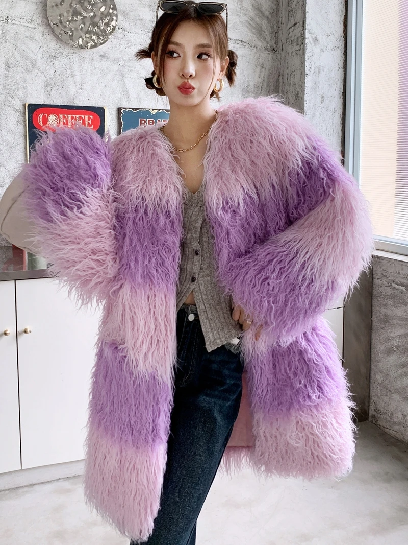 Pink Purple Faux Fur Coat 2023 Winter High-End V-neck Stitching Contrast Color Mongolia Sheep Fur Jacket Mid-Length Warm Clothes