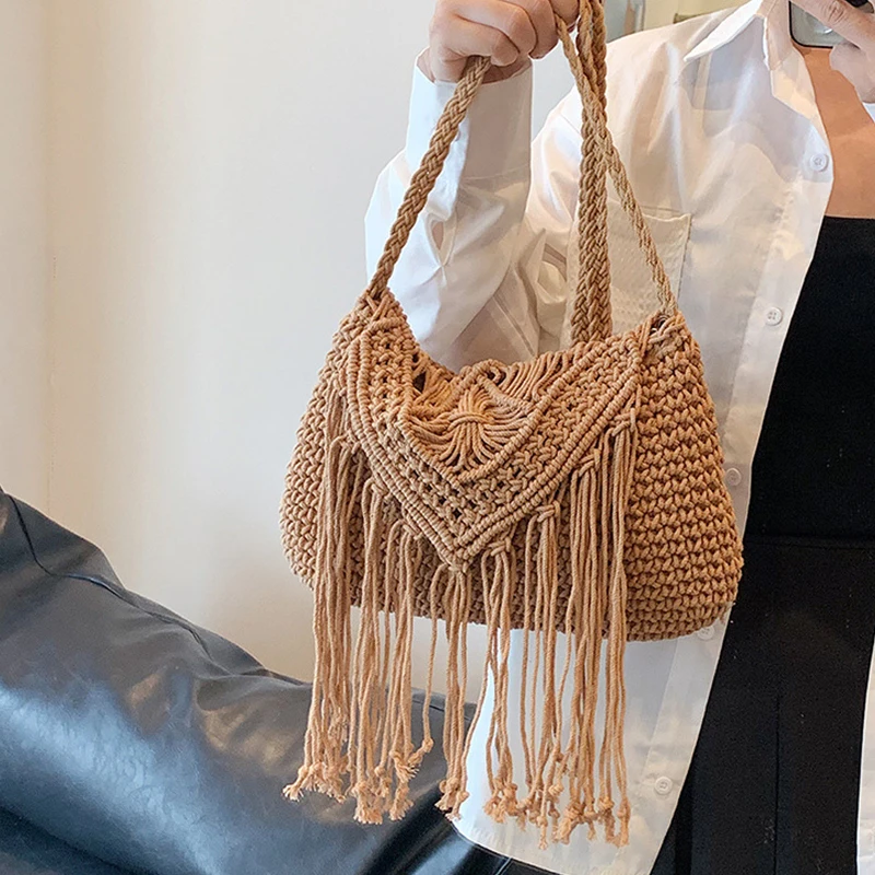 Handmade Cotton Woven Knitted Tassel Crossbody Bag Vintage Shoulder Messenger Bag Female Fashion Beach Summer Handbags for Women