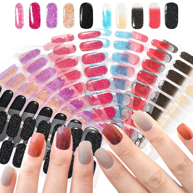 

16 типсов, полоски, гелевые УФ-наклейки для ногтей, полузатвердевающие Обертывания для ногтей, патчи, водостойкие блестящие наклейки для ногтей, наклейки с полным покрытием