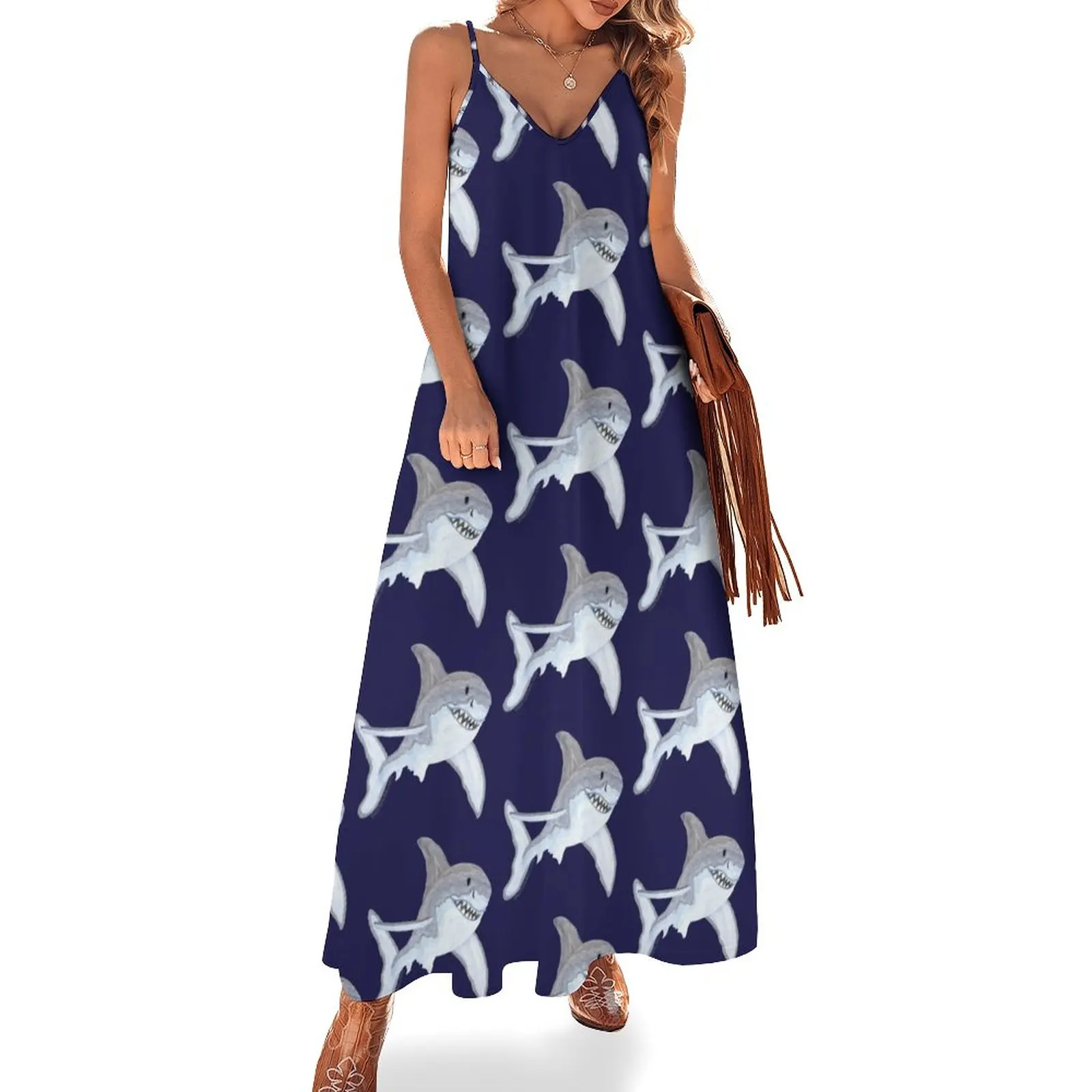 

Great White Shark Fanciful Aquatic Watercolor Sleeveless Dress summer dress woman 2023 trendy dresses women summer 2023