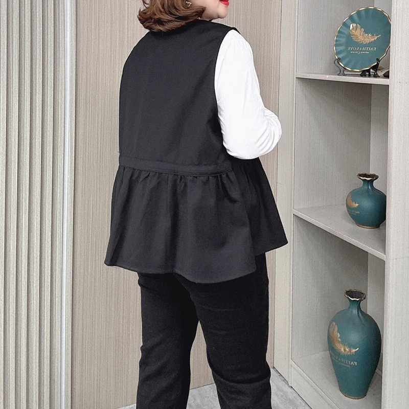 Autumn Plus Size Women's Sleeveless Jacket Fashion Drawstring Waist Waistcoat Female Loose Washed Cotton Vest 2423