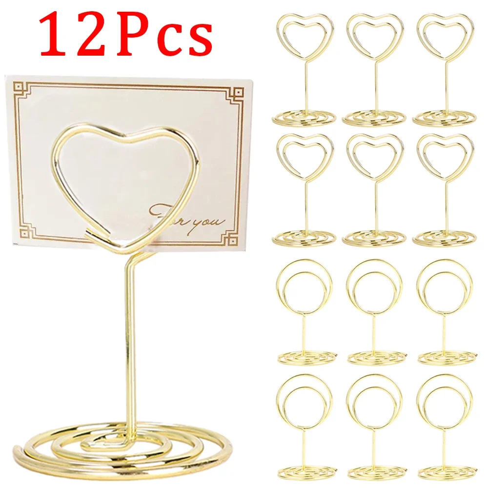 12/1Pcs Metal Place Card Holders Round Heart Shape Photo Clip Wedding Table Place Card Stands Birthday Party Decoration Supplies