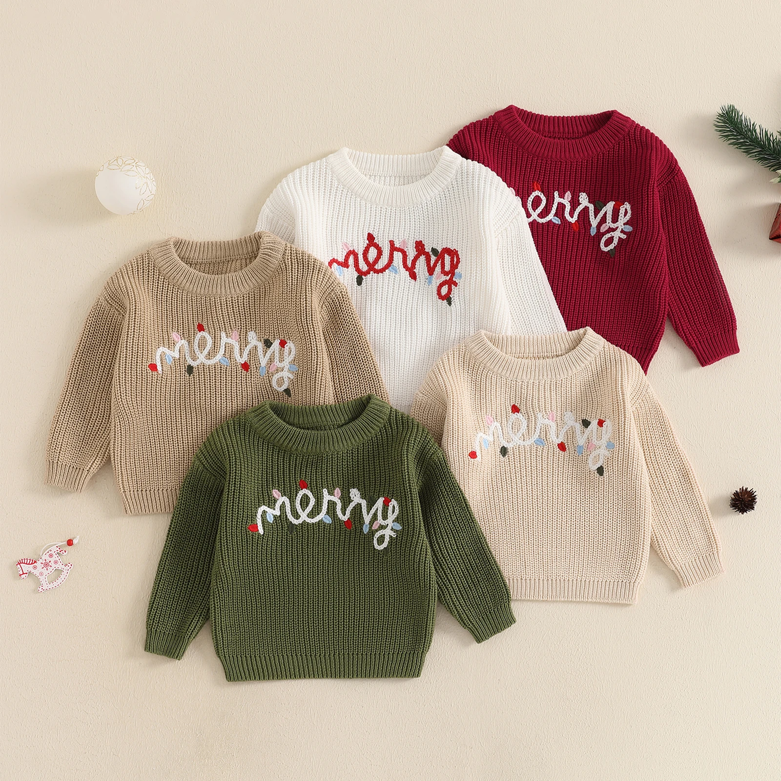 0-3Years Baby Boy Girl Christmas Sweaters Letter Light String Embroidery Long Sleeve Round Neck Chunky Pullover Warm Knitwears