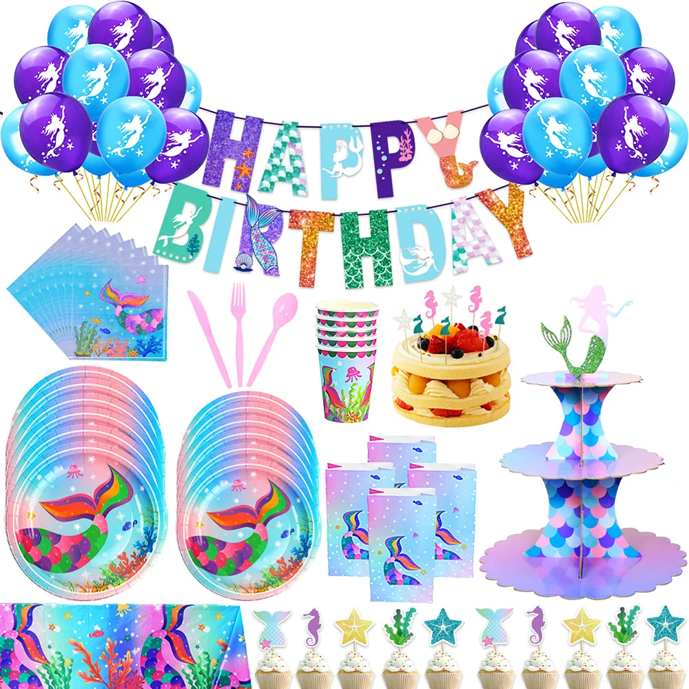 

Mermaid Birthday Decoration Banner Balloons Mermaid Cake Toppers Disposable Tableware Baby Shower Under The Sea Party Supplies