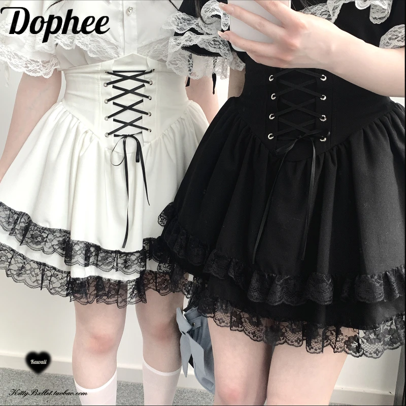 

Dophee Original Lace-up Bow High Waist Skirt Landmine System Ruffles Lace Splicing Cute Spice Girls Short A-line Lolita Skirts
