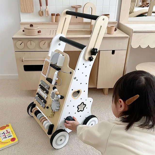 Wooden Baby Walker Cart - Anti Rollover & O-Shaped Leg Design, Adjustable Multifunctional Learning Walking Toy for Toddlers 4