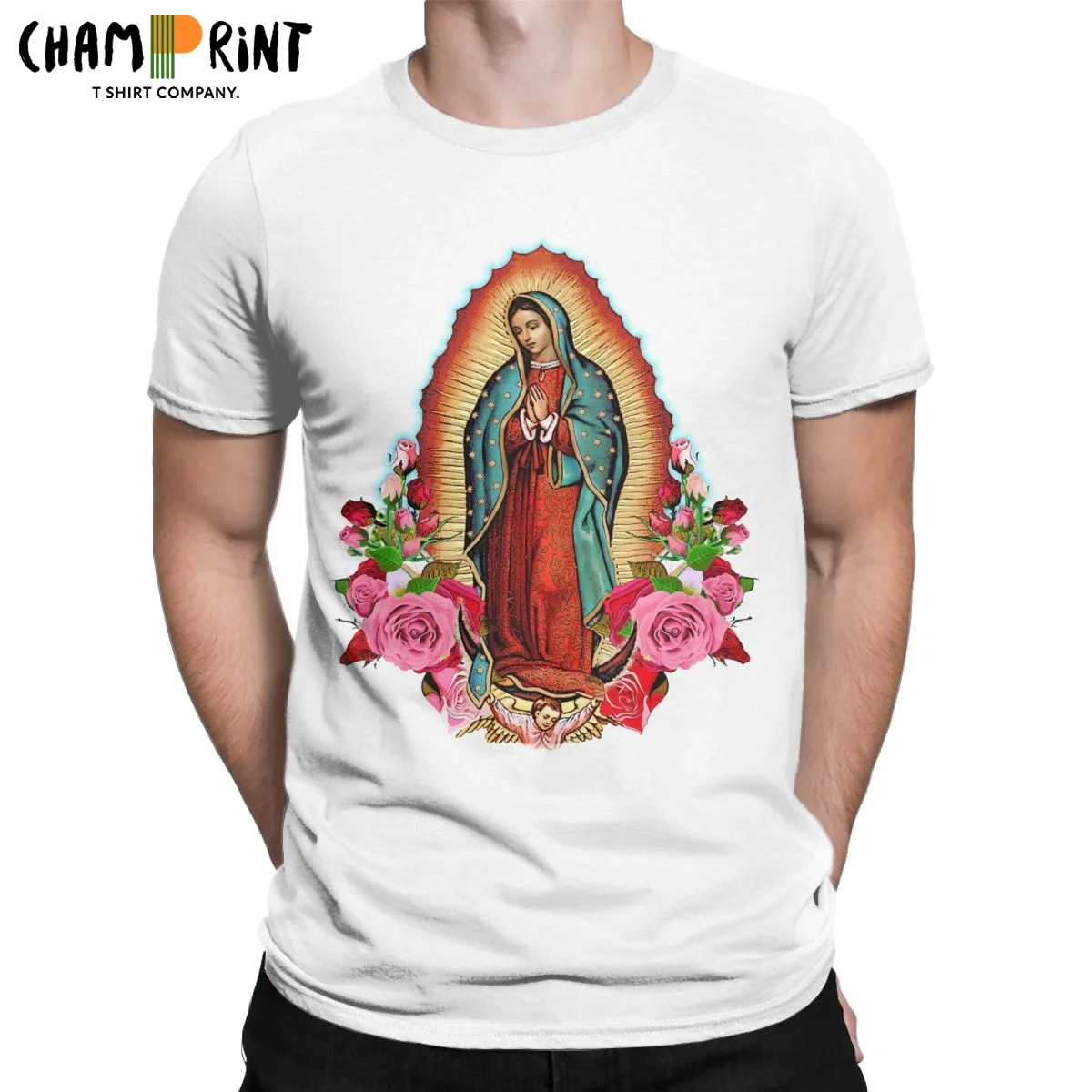 Crazy Our Lady Of Guadalupe T-Shirts for Men Crewneck Pure Cotton T Shirts Virgin Mary Catholic Short Sleeve Tee Shirt Clothes