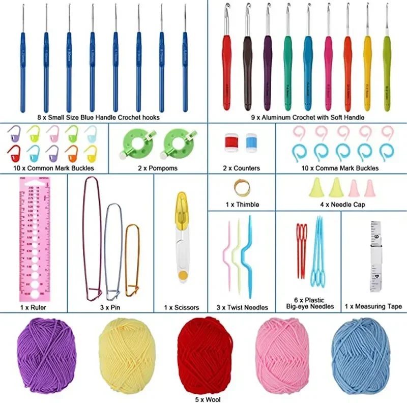 DIY Wool Crochet Hook Kit Soft Handle Knitting Craft Yarn and Sewing Accessories Tool Set Crochet Storage Bag Gift for Beginners
