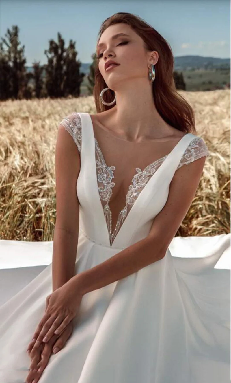 Deep V Neck Wedding Dress Satin Simple Lace Style Beach Bridal Gowns Zipper  Back | eBay