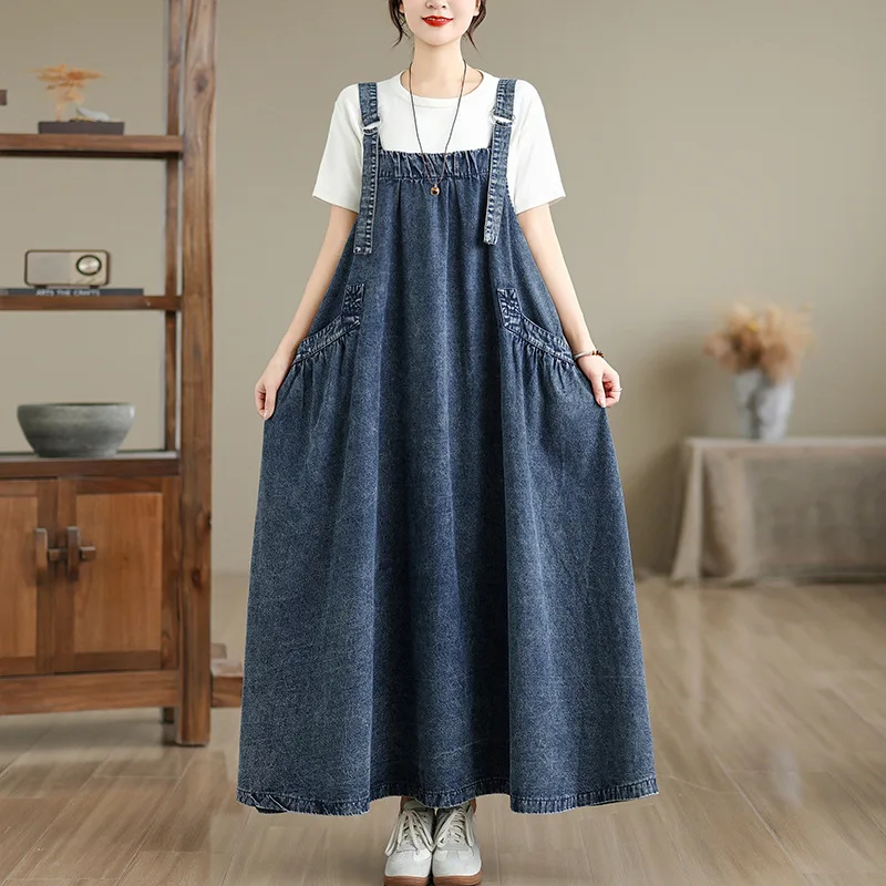 Vintage Loose Denim Strap Dress for Women Spring Summer Fashion A-Line Big Swing Pockets Dresses Simple Casual Female Long Dress