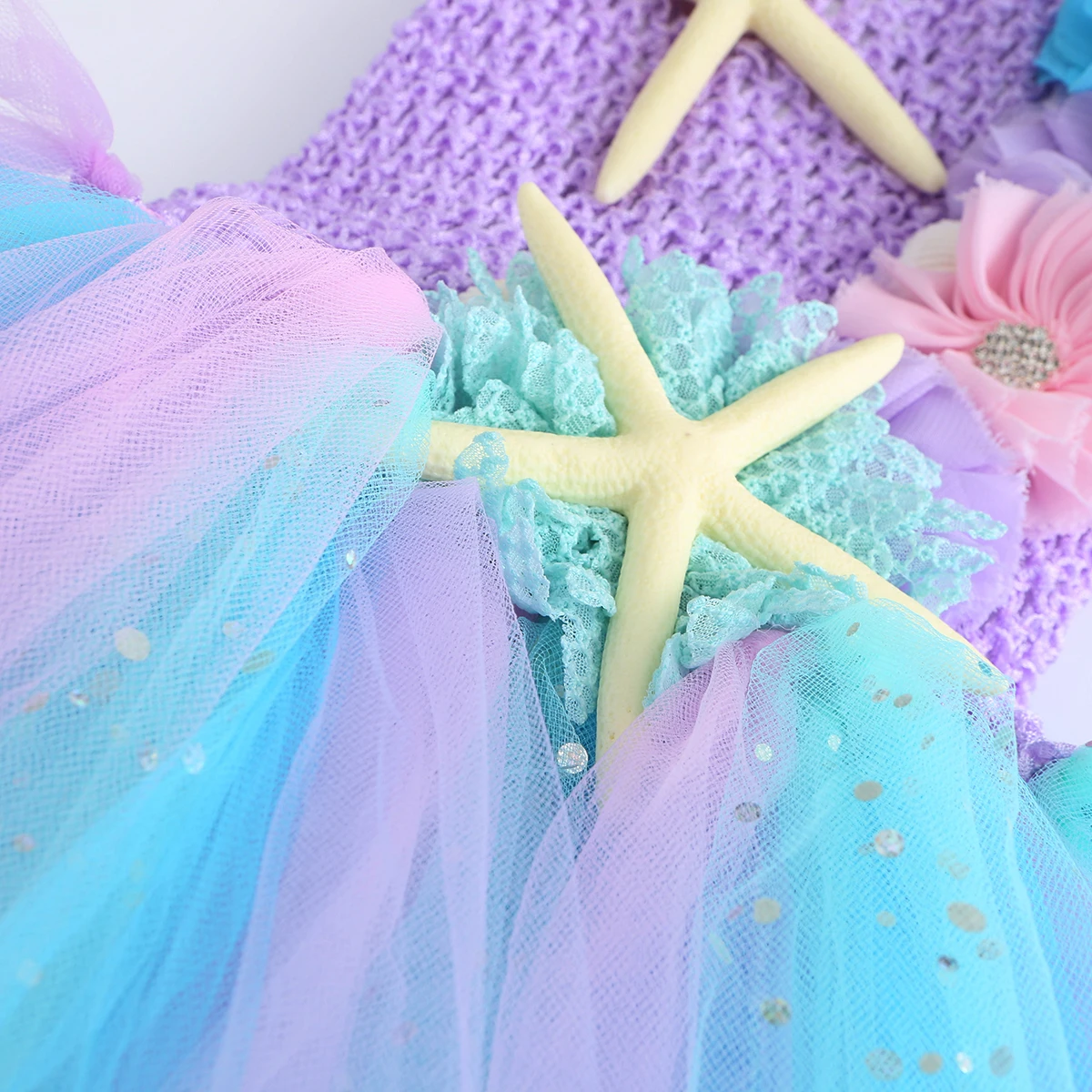 Girls Pastel Ariel Mermaid Tutu Dress Under the Sea Theme Birthday Party Costume with Flower Headband Ocean Flower Dresses 1-12Y
