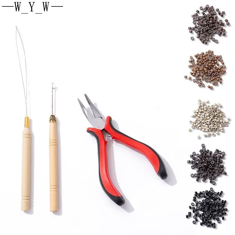 헤어링크 1000 개 사전로드 5.0mm 실리콘 알루미늄 마이크로 링 링크 비즈 헤어 확장 도구 쉽게 만든 루프 후크 플라이어 8 마이크로 링크 비즈, 풀링 바늘 1 개, 크로셰 바늘 1 개, 커브드 마우스 플라이어, 헤어 연장 도구 키트 1 개, 1 병, 가방, 100 개