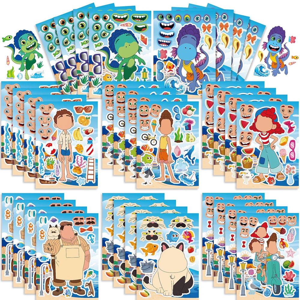 8/16Sheets Disney Luca Puzzle Anime Stickers DIY Make-a-Face Assemble Funny Cartoon Decal Assemble Jigsaw Children Boy Toy Gift
