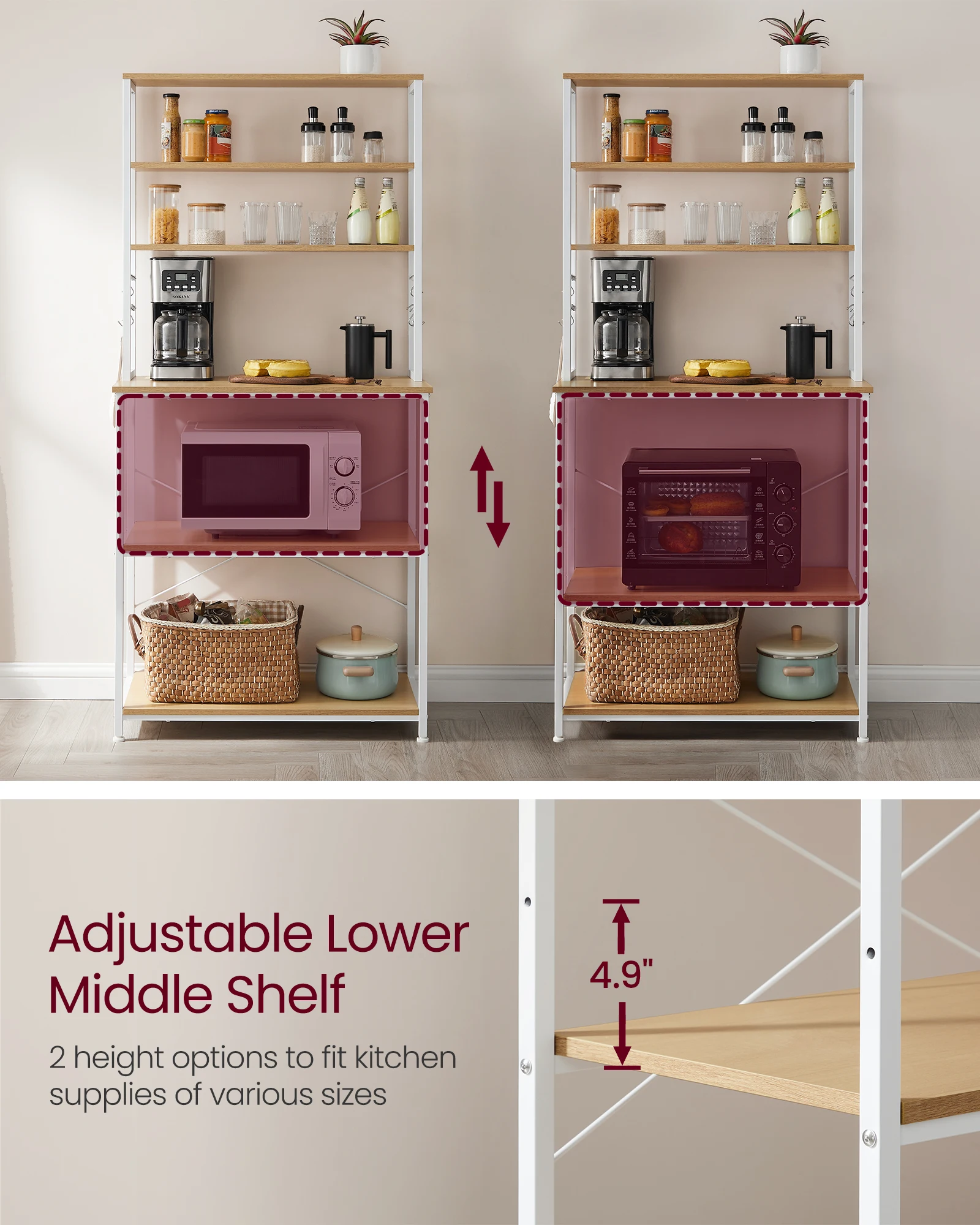 VASAGLE Baker's Rack, Microwave Oven Stand, Kitchen Tall Utility Storage Shelf, 6 Hooks And Metal Frame, Industrial 6