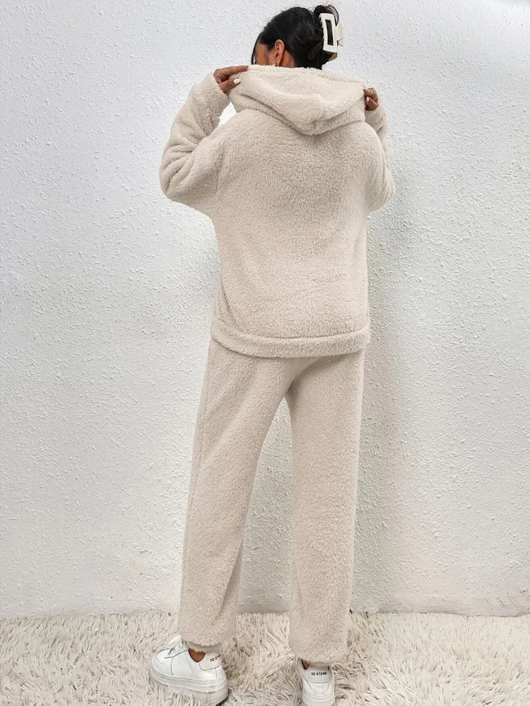 Women Fleece Sweatshirt Sets Hoody Pullover Coats Wide Leg Pants