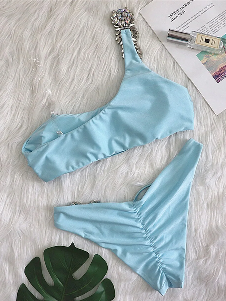 Shiny Diamond Asymmetric Scrunch Butt Bikini Female Swimsuit Women Swimwear Two-pieces Bikini set Sexy Bather Bathing Suit Swim