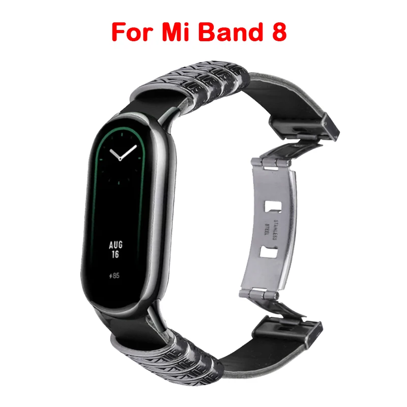 

UTHAI Leather Strap Suitable For Xiaomi Bracelet 8 Vintage Four Ring Double Button Butterfly Clasp Replacement Wristband S62