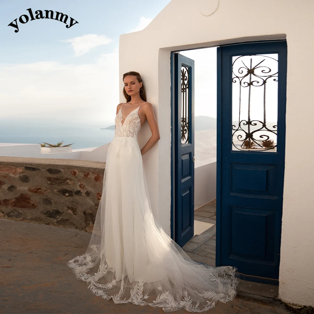 

YOLANMY Glamorous Strps Tulle Wedding Dresses Aline Women Mariages Brides Suit Appliques Vestido De Casamento Customised