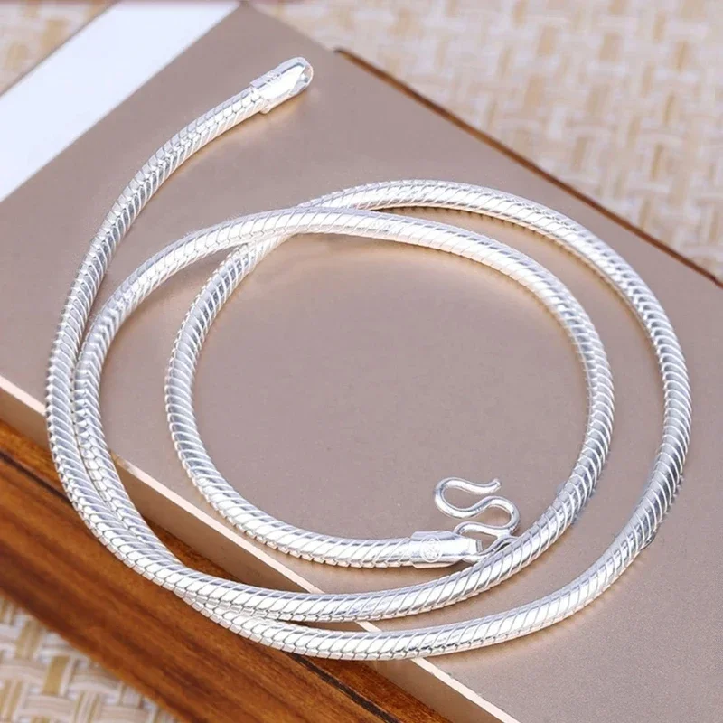 

Real Pure S925 Sterling Silver Chain Men Women 1.5-3mm Solid Carved Twill Round Snake Necklace 40cm-65cm