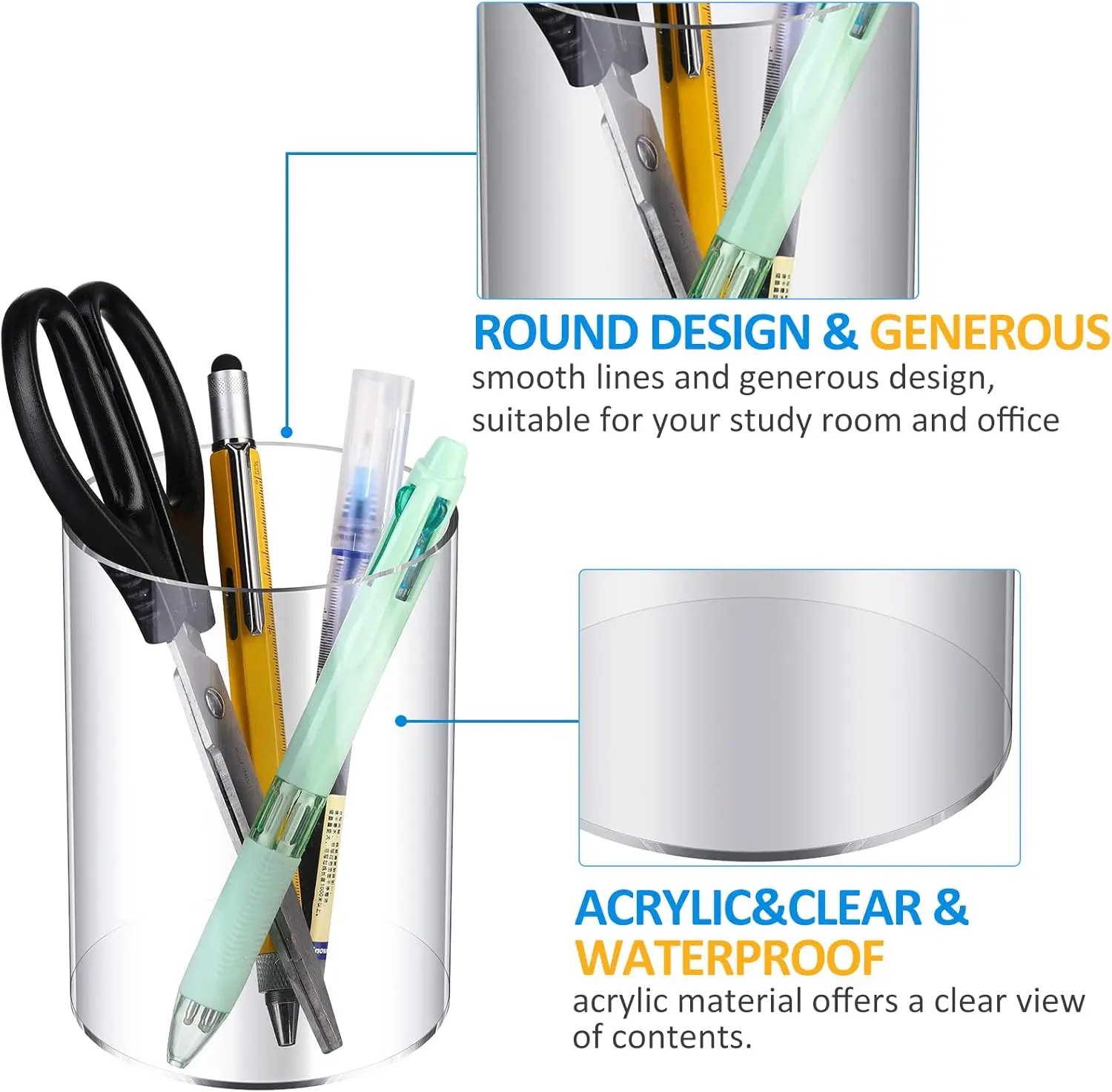 Clear Acrylic Pencil Pen Holder Cup Round Makeup Brush Holder Acrylic Make up Brush Storage Organizer 6 Pieces
