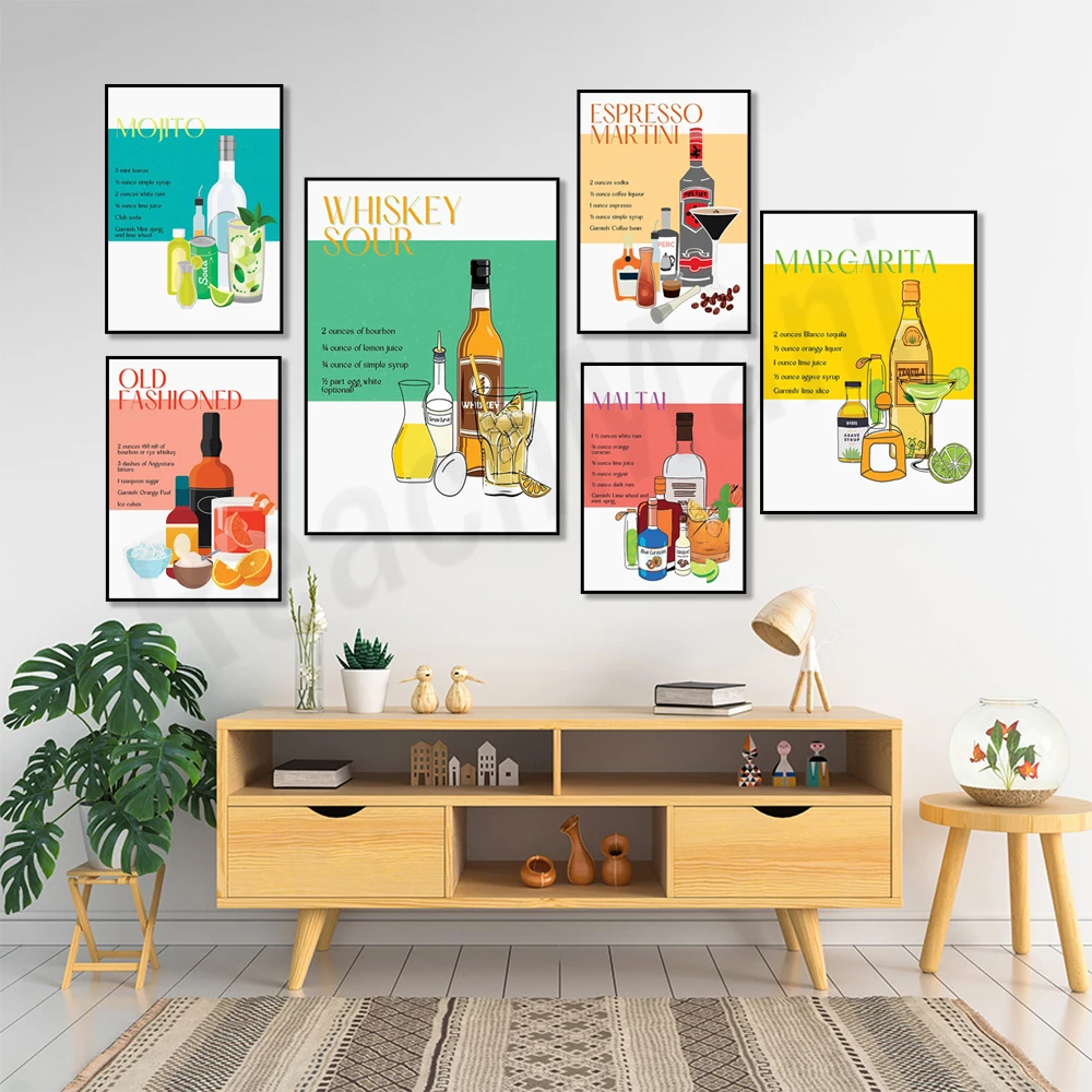 Cocktail Di Manhattan, Stampa Cocktail Mojito, Cocktail Moscow Mule, Cocktail Bloody Mary, Cocktail Sour Whisky, Cocktail Bar Poste