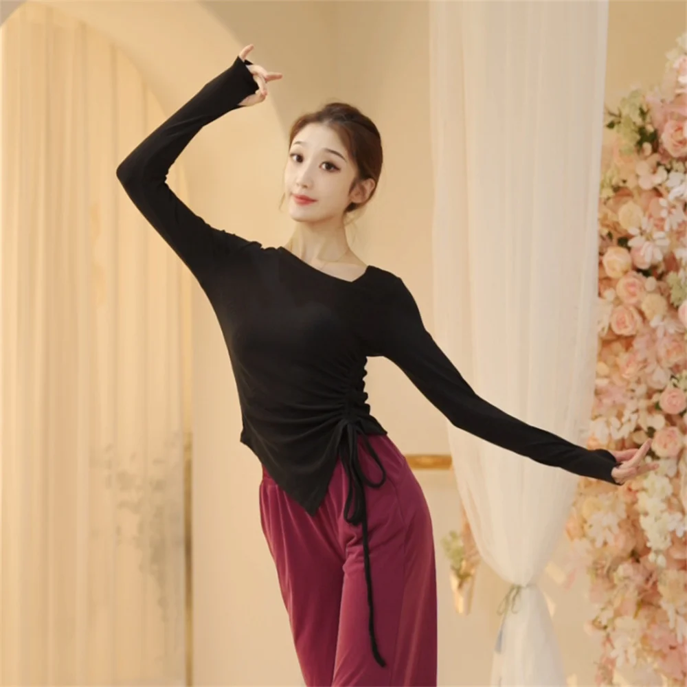 Women Yoga Tops Long Sleeve Drawstring Dancing Ballet Shirts Cotton Modern Dance Jazz High Elastic Tights Latin Dance Clothes
