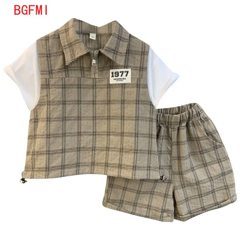 Children Plaid Clothing 2023 New Fashion Baby Boys Summer Patchwork Short Sleeve Shirt+shorts Handsome Casual 2pcs Set Outfit