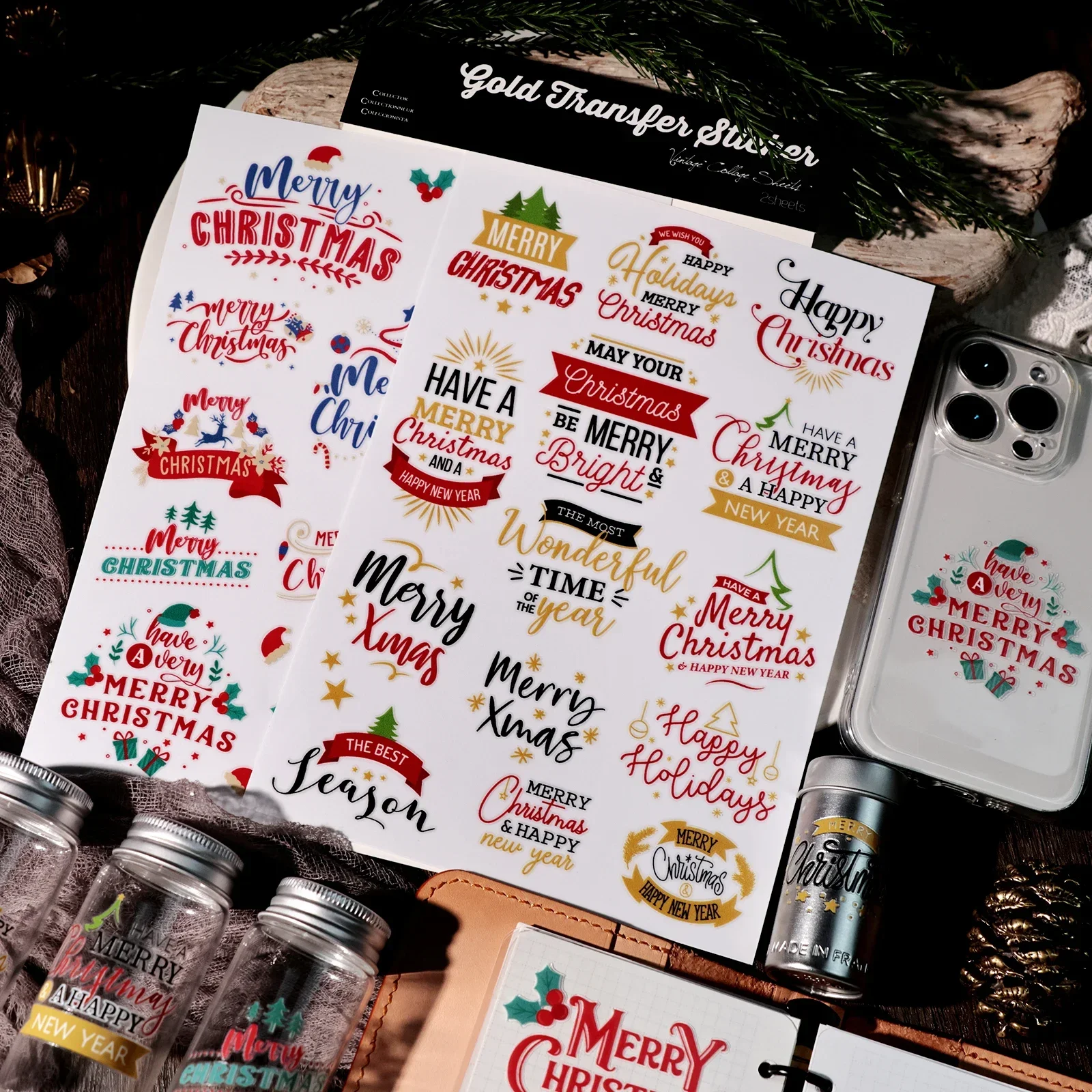 2 Sheet RUB ON Crystal Christmas Phrase Stickers Junk Journal Colorful Craft Transfer Stickers DIY Album Scrapbooking Sticker