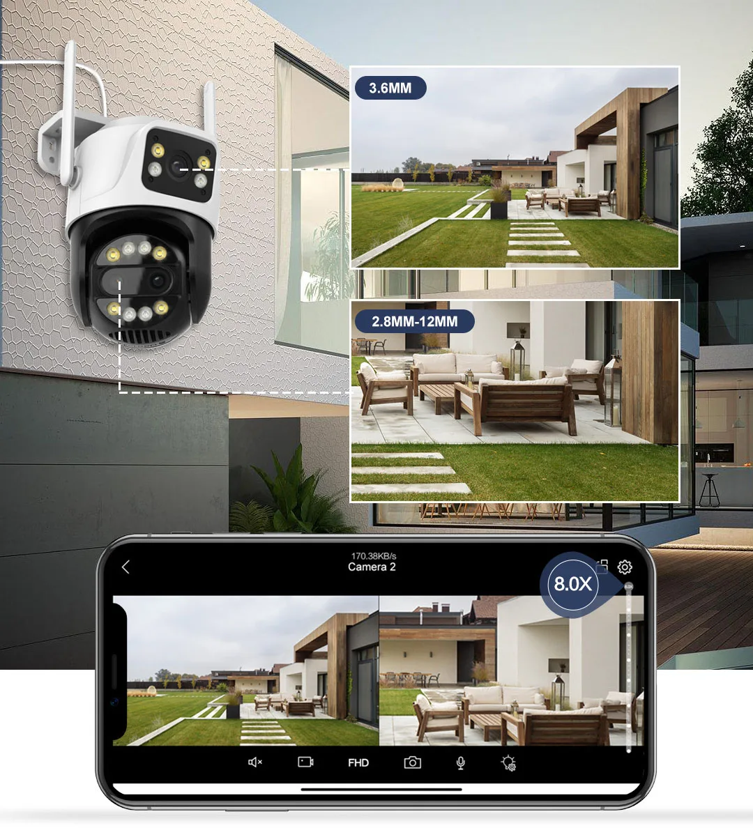 Uzoom 12MP 6K WiFi Camera with 8X Zoom 3 Lens Dual Screen Human Detection Auto Tracking CCTV for Outdoor Security Surveillance 2