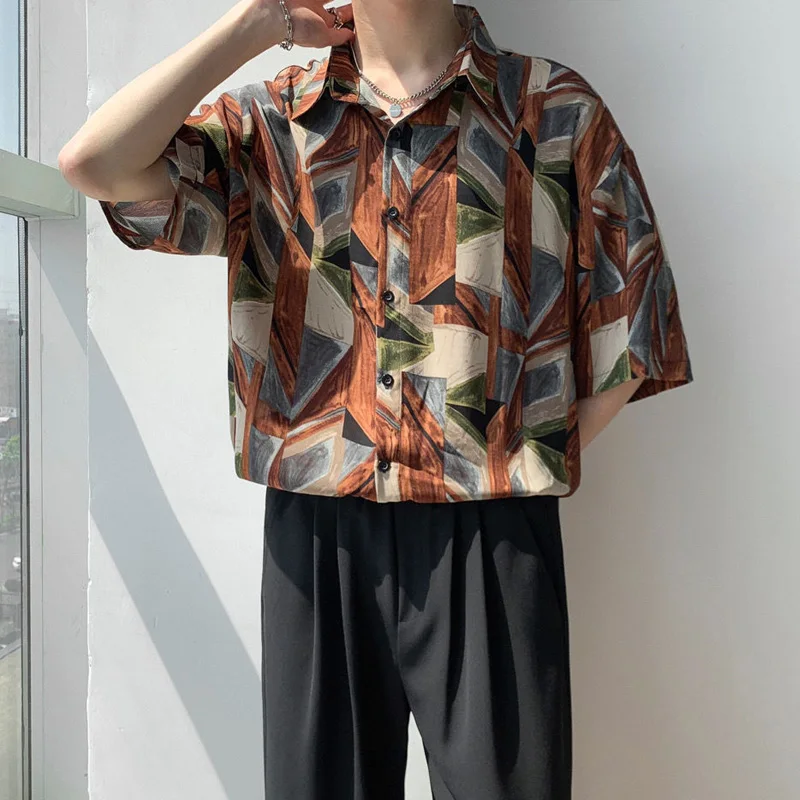 Summer New Turn-down Collar Fashion Half Sleeve Shirt Man High Street Casual Loose Button Patchwork Cardigan Y2K Printing Tops