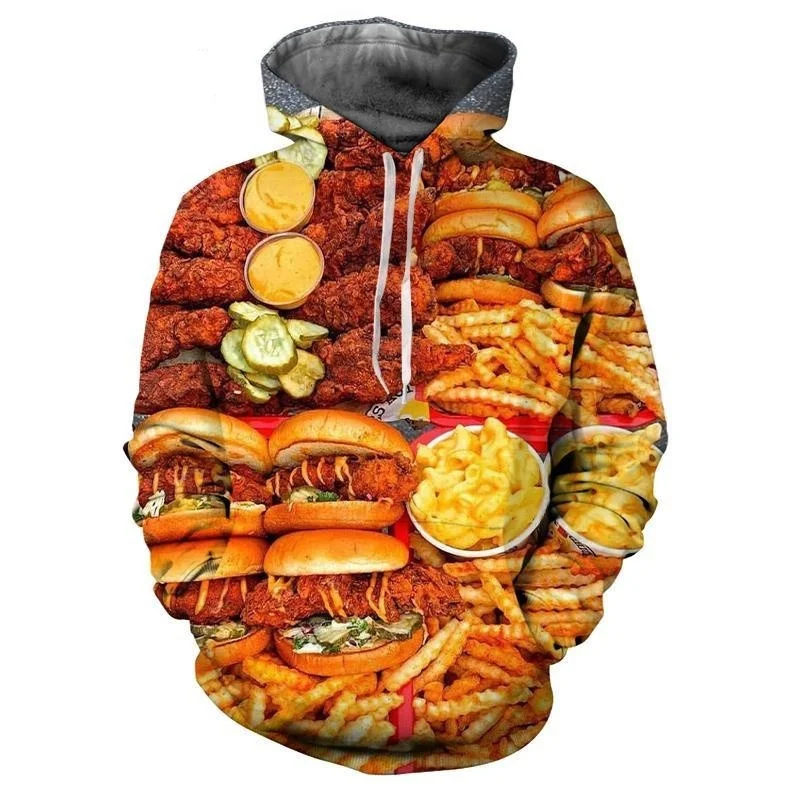 thumbnail image 1 of Sudadera con capucha para hombre con estampado 3D de hamburguesas y patatas fritas, divertida sudadera informal de manga larga con estampado de comida rápida, sudadera holgada, 1 of 4
