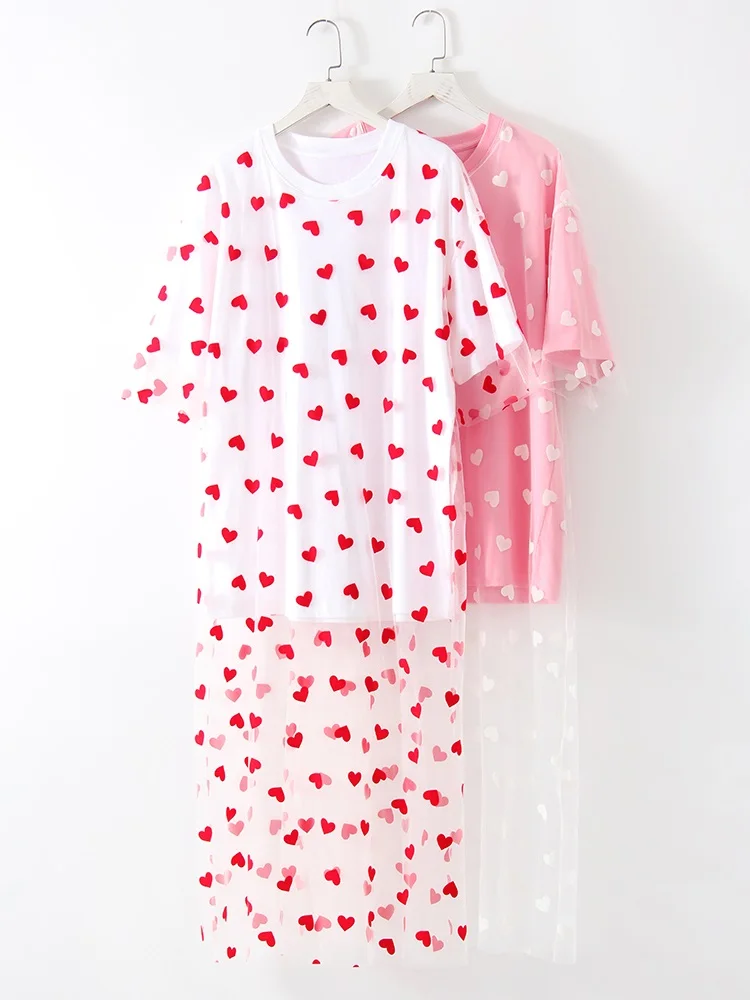 Long Mesh T Shirt Dress For Women Short Sleeve Heart Tulle Fake Two Piece Dresses WOmen's White Loose Maxi Dress With Heart Red