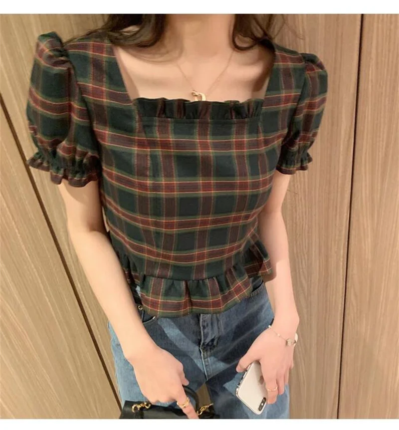 PLAZSON 여성용 격자 무늬 프린트 블라우스, 반팔, 스퀘어 칼라 블라우스, 블라우스 셔츠