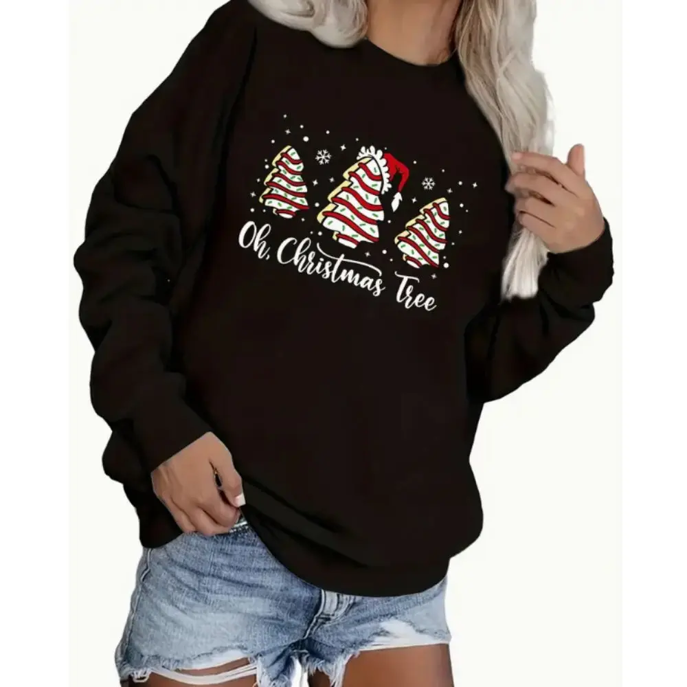 Christmas Tree Print Sweatshirt Casual Long Sleeve Crew Neck Sweatshirt Women's Clothing Thin Cotton Jumpers