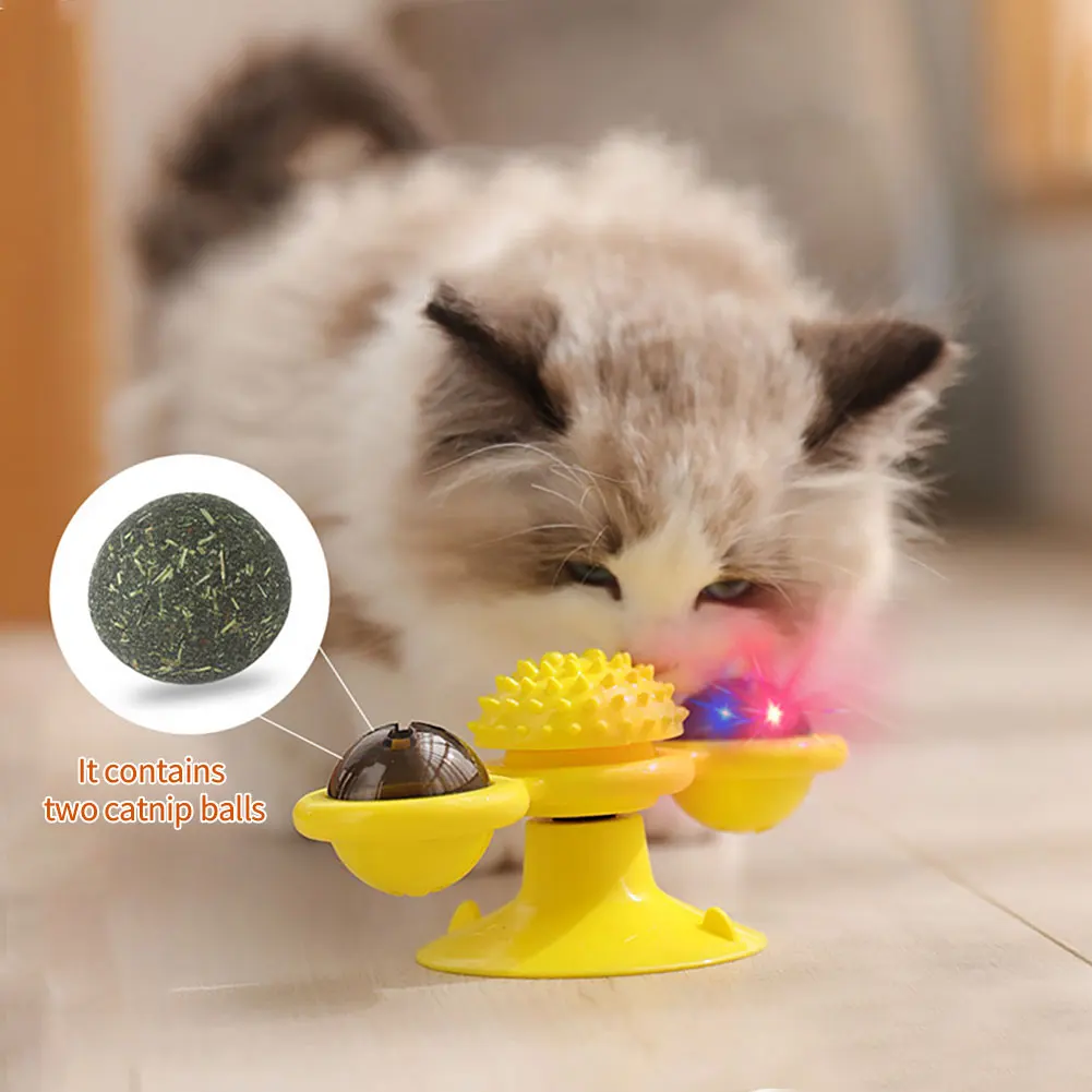 Cat Toys for Indoor Cats,Interactive Windmill Cat Toy,Cat Spinner Toy  Suction Cup Cat Toothbrush Toy Kitten Teething Toys with Hair Brush  Turntable