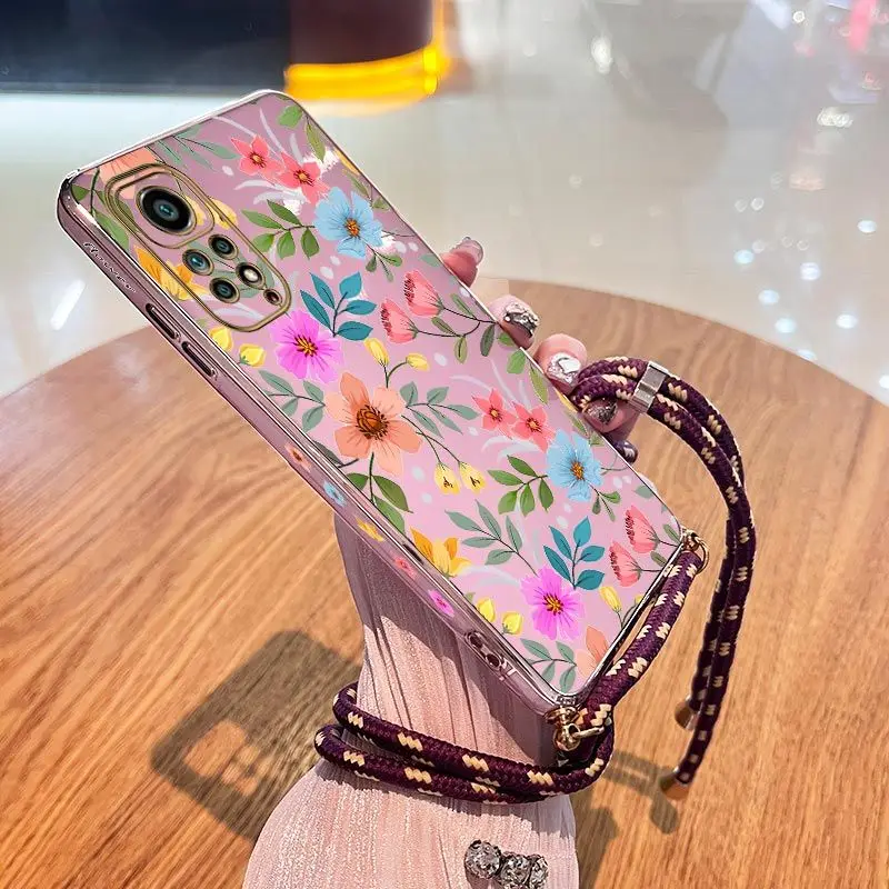 Elegant Floral Plating Phone Case with Lanyard Attachment