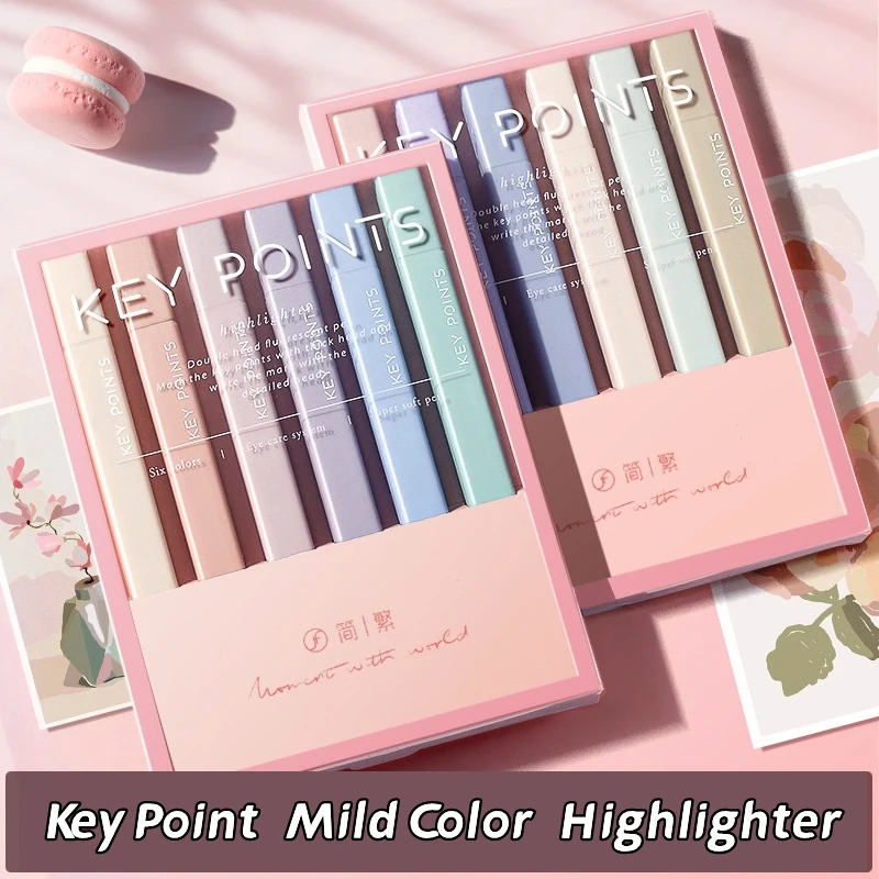 6pcsKeyPointsMildColorHighlighterPensSetDoubleEndedBoldBrush