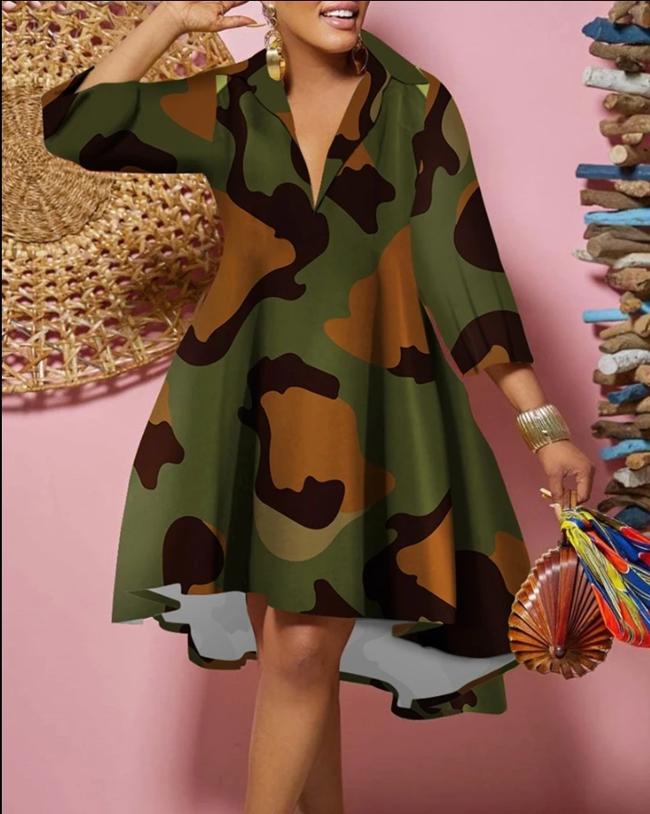 

Dresses for Women 2023 Autumn Plus Size Camouflage Print Long Sleeve Casual Daily Shirt Dress Fashion Women Loose Dress
