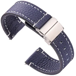 Premium Genuine Leather Watchband with Deployment Clasp - Elegant Wrist Strap for 18mm (Blue)