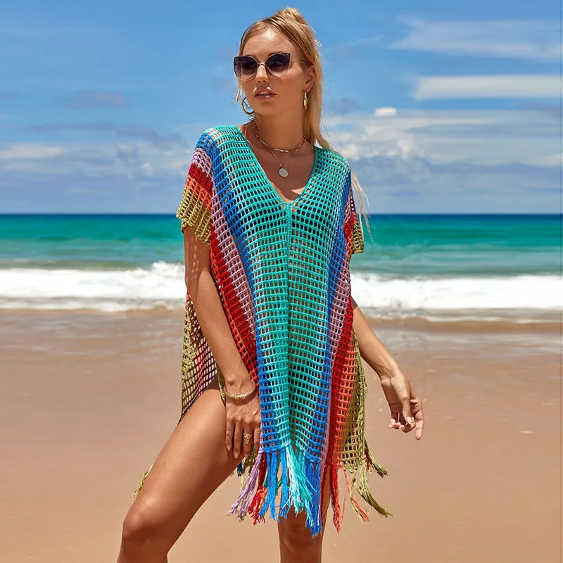 bathing suit dress cover ups Tops For Women Summer Dress Skirts 2022 New Knit Chromatic Stripe Beach Sexy Hollow Out Neck Bikini Smock Color Print Polyester bikini cover