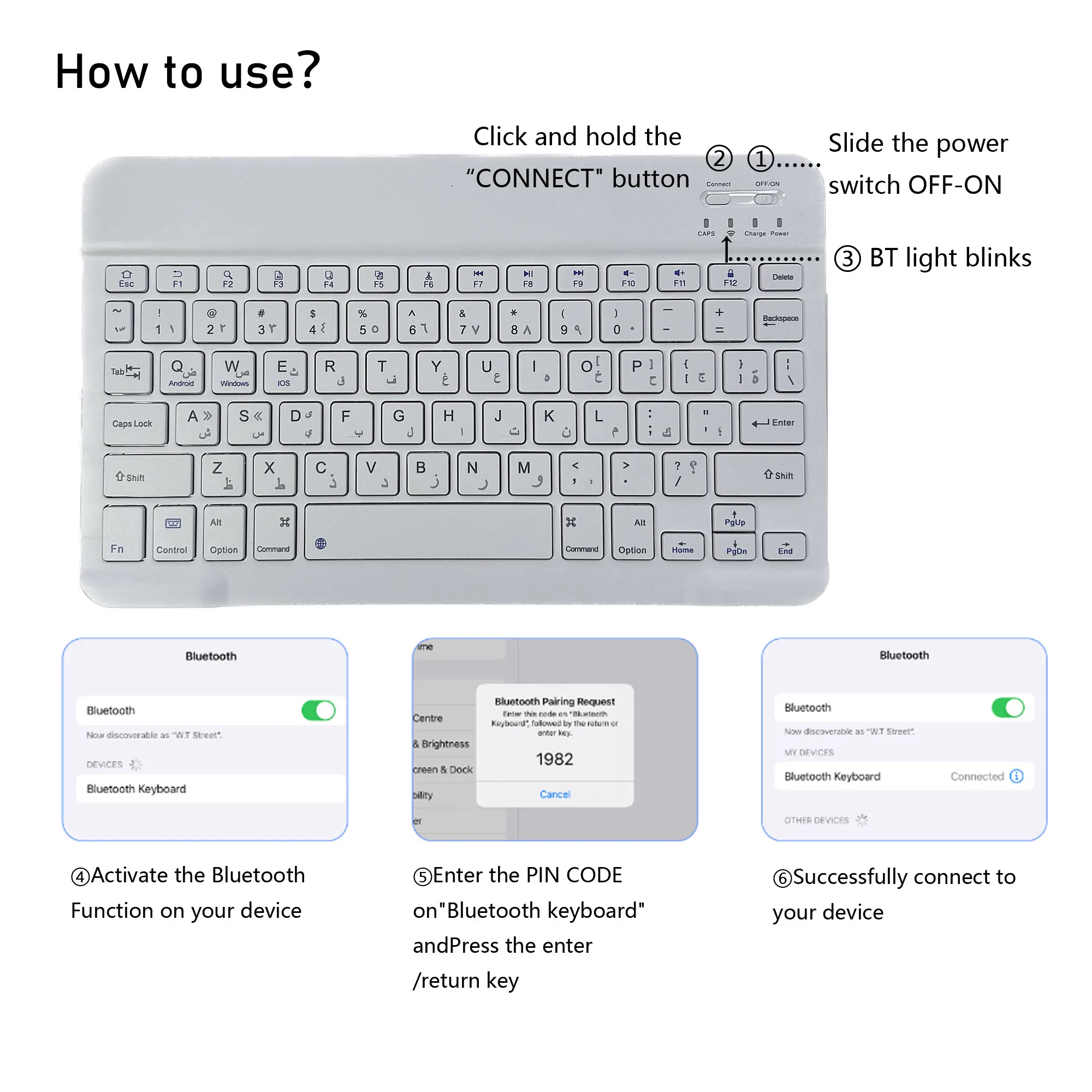 Arabic language Bluetooth-Compatible Wireless Portable Mini Rechargeable Keyboard 78-Key for Apple iPad iPhone MacBook iOS