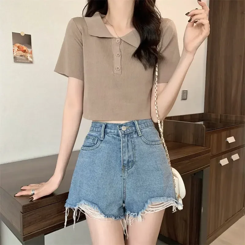

New Korean Polo shirts short t-shirts short-sleeved T-shirts chic short summer student tops gray22