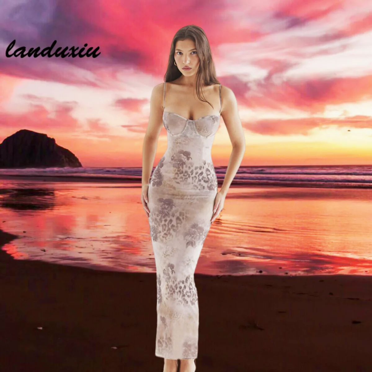 

New mesh print long dress with chest pad sexy back tied vacation party outfit summer dresses for women 2023 Summer Sleeveless