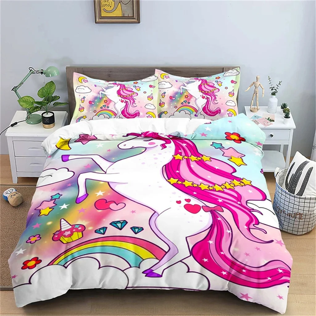 

Girls Unicorn Duvet Cover Set Twin Pink/Blue/Grey Unicorns Floral Woody Rainbow Gold Stars White Unicorn Bedding No Comforter