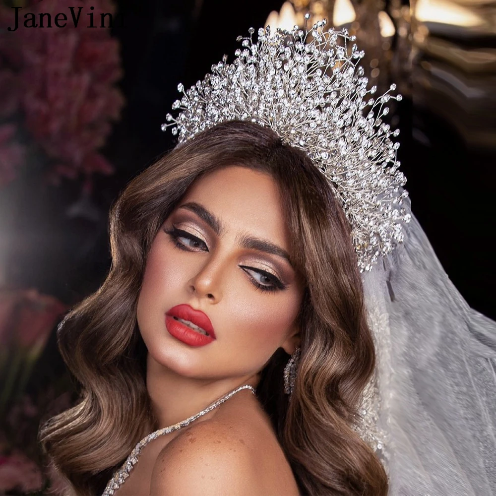 

JaneVini Sparkling Rhinestones Bridal Headband Tiaras and Crowns Saudi Arabia Luxury Beaded Hairbands Wedding Crown Earring Set