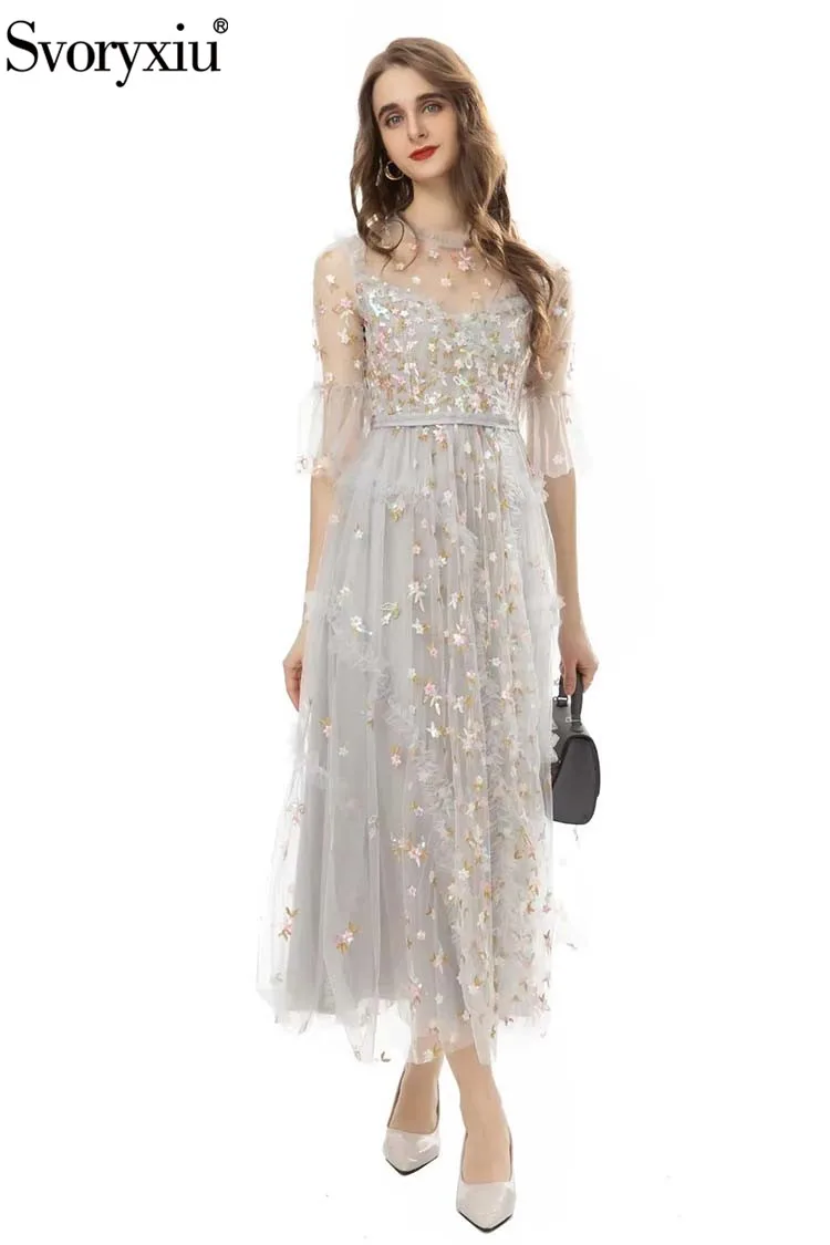 

Svoryxiu Autumn Winter Fashion Designer Vintage Gorgeous Embroidery Sequin Midi Dress Women's Flare Sleeve High Waist Slim Dress