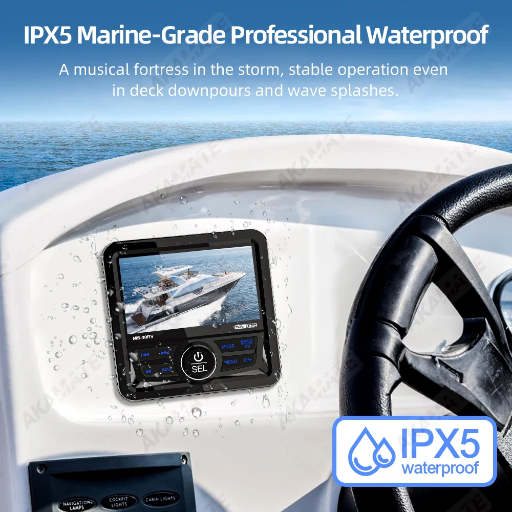 RV Radio Marine Stereo Square Boat Radio Speaker FM AM Antenna Waterproof IPX5 Bluetooth Multimedia Player MP5